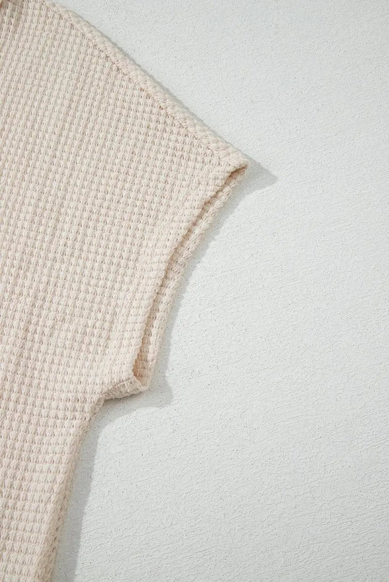 Pale Khaki Solid Color Textured Seamed Short Sleeve Top - Love Salve